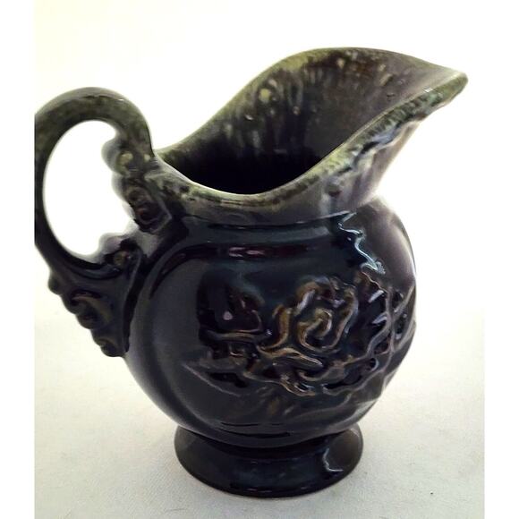 HULL POTTERY-PITCHER-VASE-Brown/Green Drip Glaze-Embossed-Large Pouring Lip - Picture 7 of 10